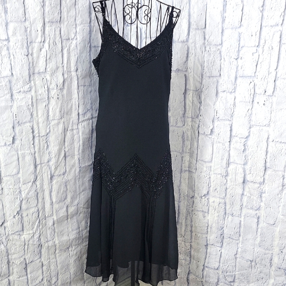 J LAXMI VINTAGE Black Beaded 1990's Flapper Dress XL/16‎